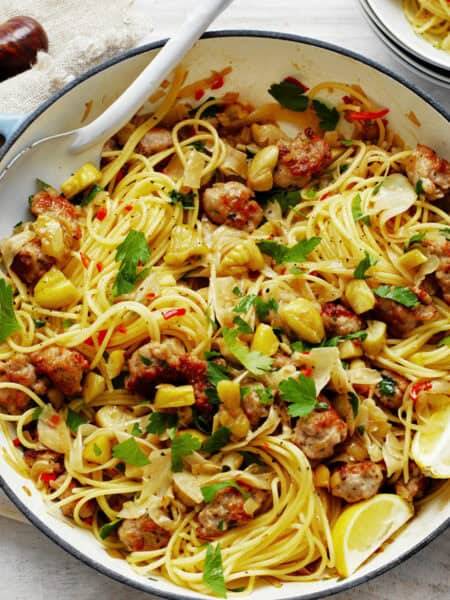 Pasta met kastanjes en smakelijke worstjes