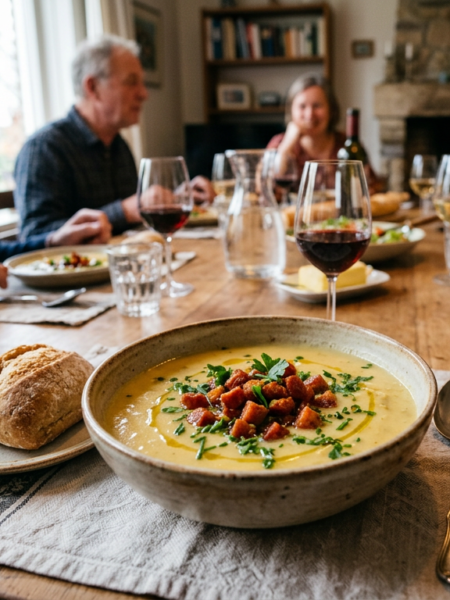 Romige prei- en aardappelsoep met knapperige chorizo