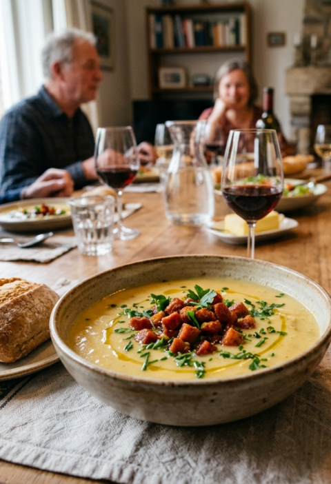 Romige prei- en aardappelsoep met knapperige chorizo