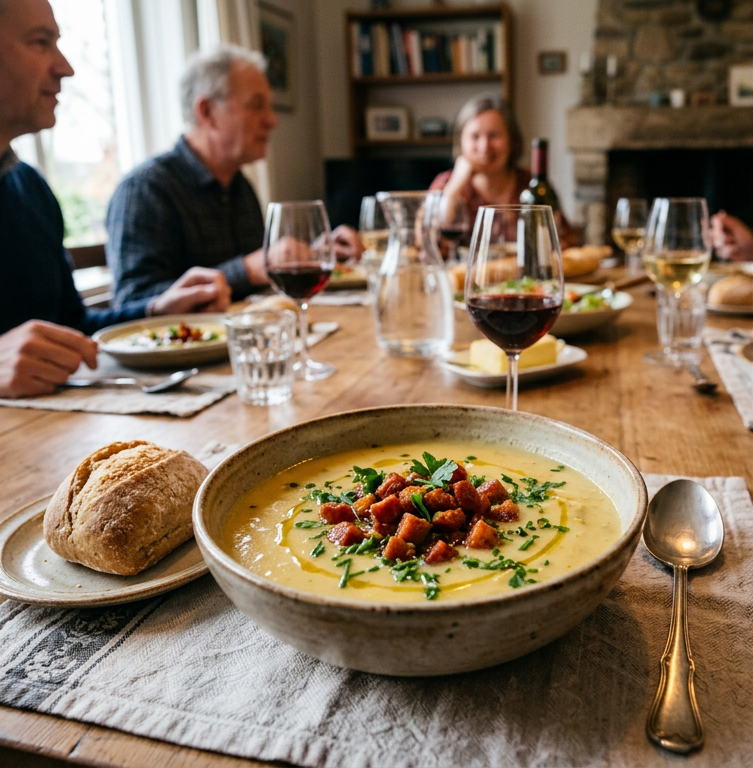 Romige prei- en aardappelsoep met knapperige chorizo