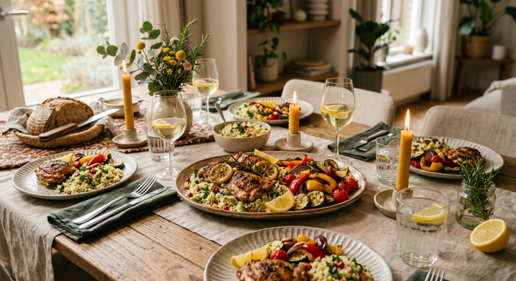 Kipdijfilets in citroen-knoflookmarinade met gegrilde groenten en couscous