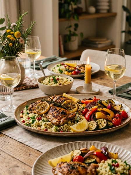 Kipdijfilets in citroen-knoflookmarinade met gegrilde groenten en couscous