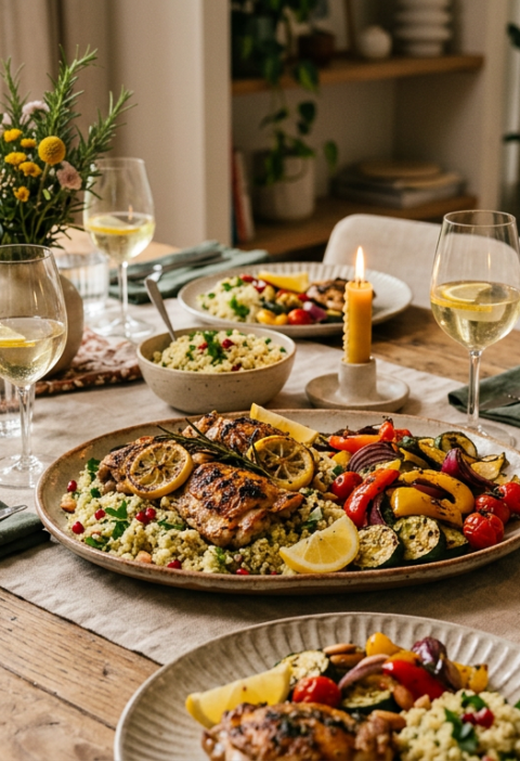 Kipdijfilets in citroen-knoflookmarinade met gegrilde groenten en couscous