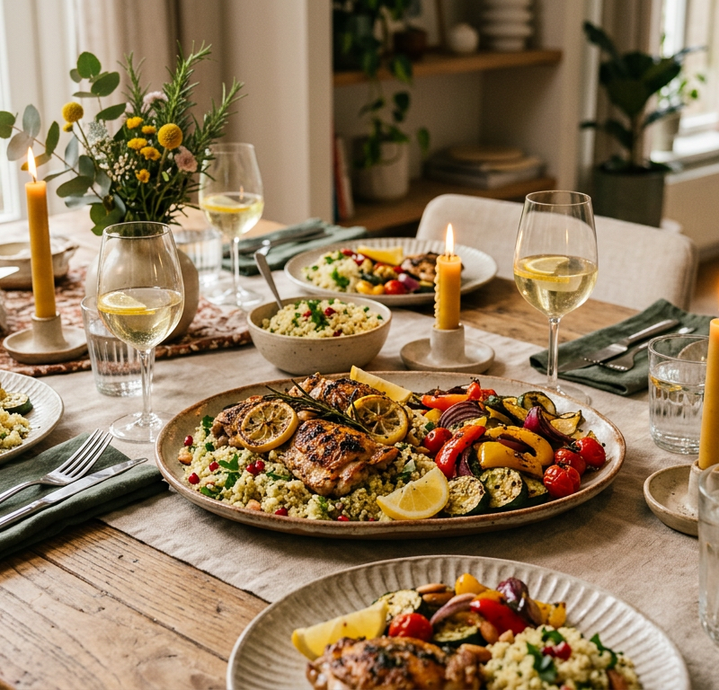 Kipdijfilets in citroen-knoflookmarinade met gegrilde groenten en couscous