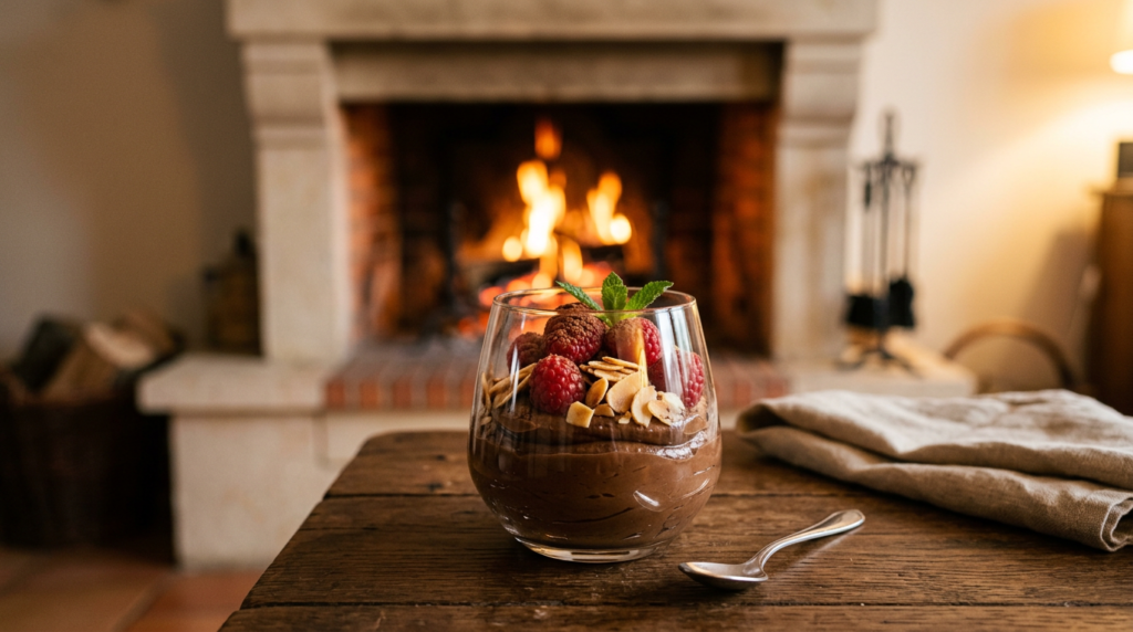 Chocolade-avocadomousse met frambozen en geroosterde amandelen