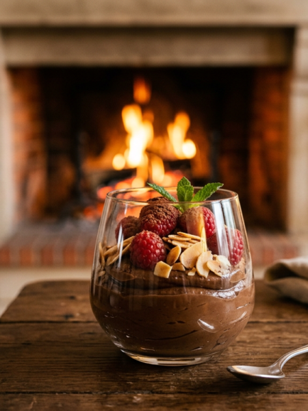 Chocolade-avocadomousse met frambozen en geroosterde amandelen
