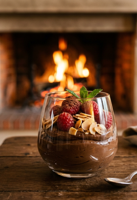 Chocolade-avocadomousse met frambozen en geroosterde amandelen
