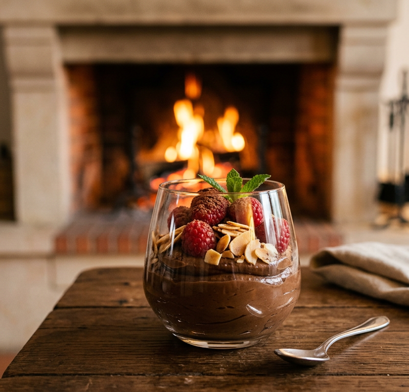 Chocolade-avocadomousse met frambozen en geroosterde amandelen